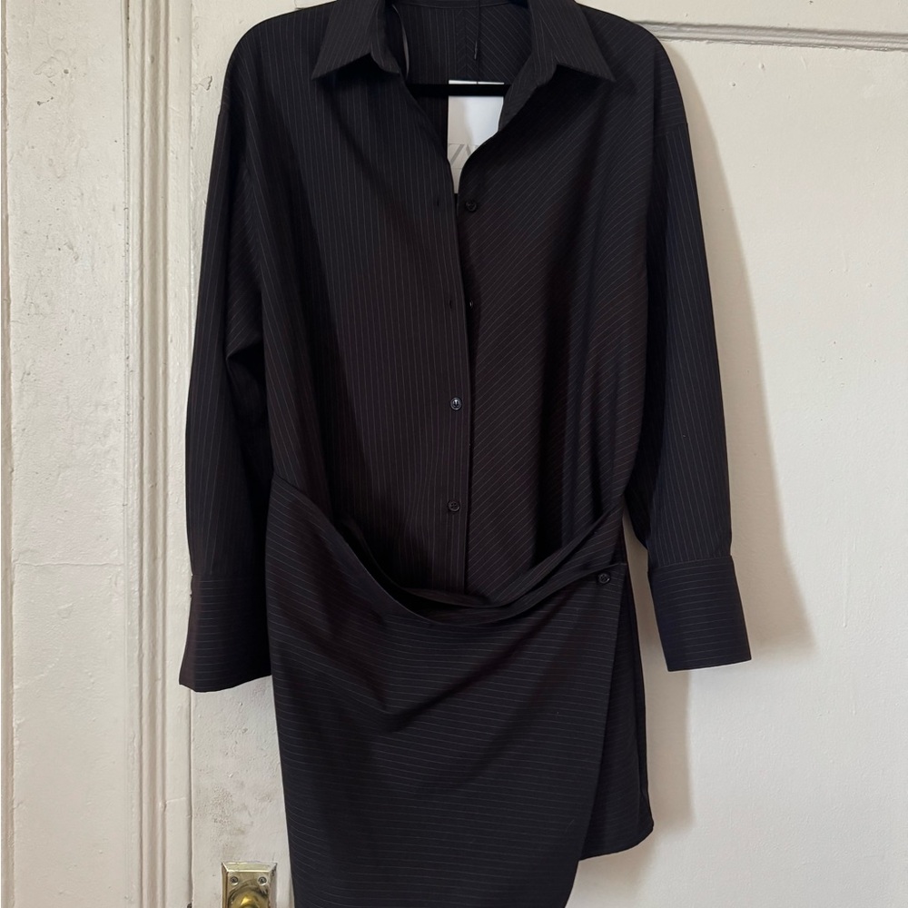 Zara Black Pinstripe Button-Up Shirt Dress